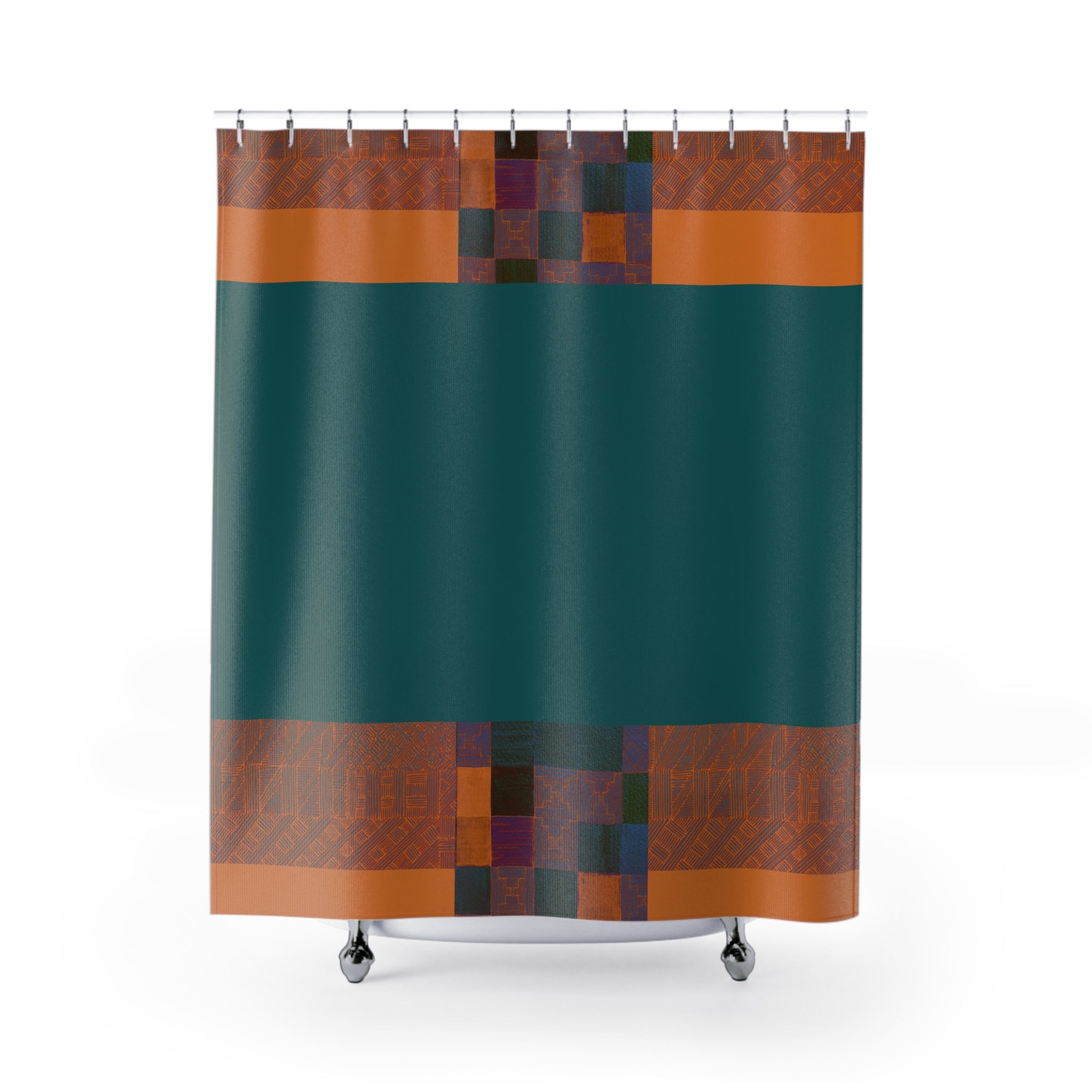 Teal & Rust Geometric Shower Curtain – Modern Southwestern Bathroom Decor