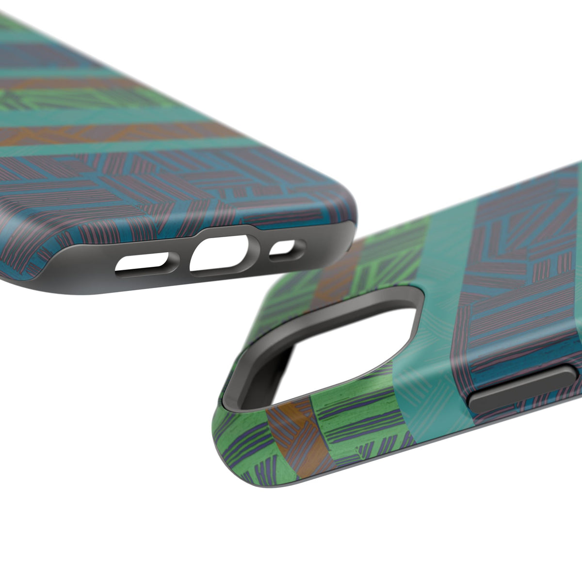 Green Geometric Stripe Phone Case — Impact-Resistant, wireless charging iphone 16 pro max case floating above a modern abstract background.