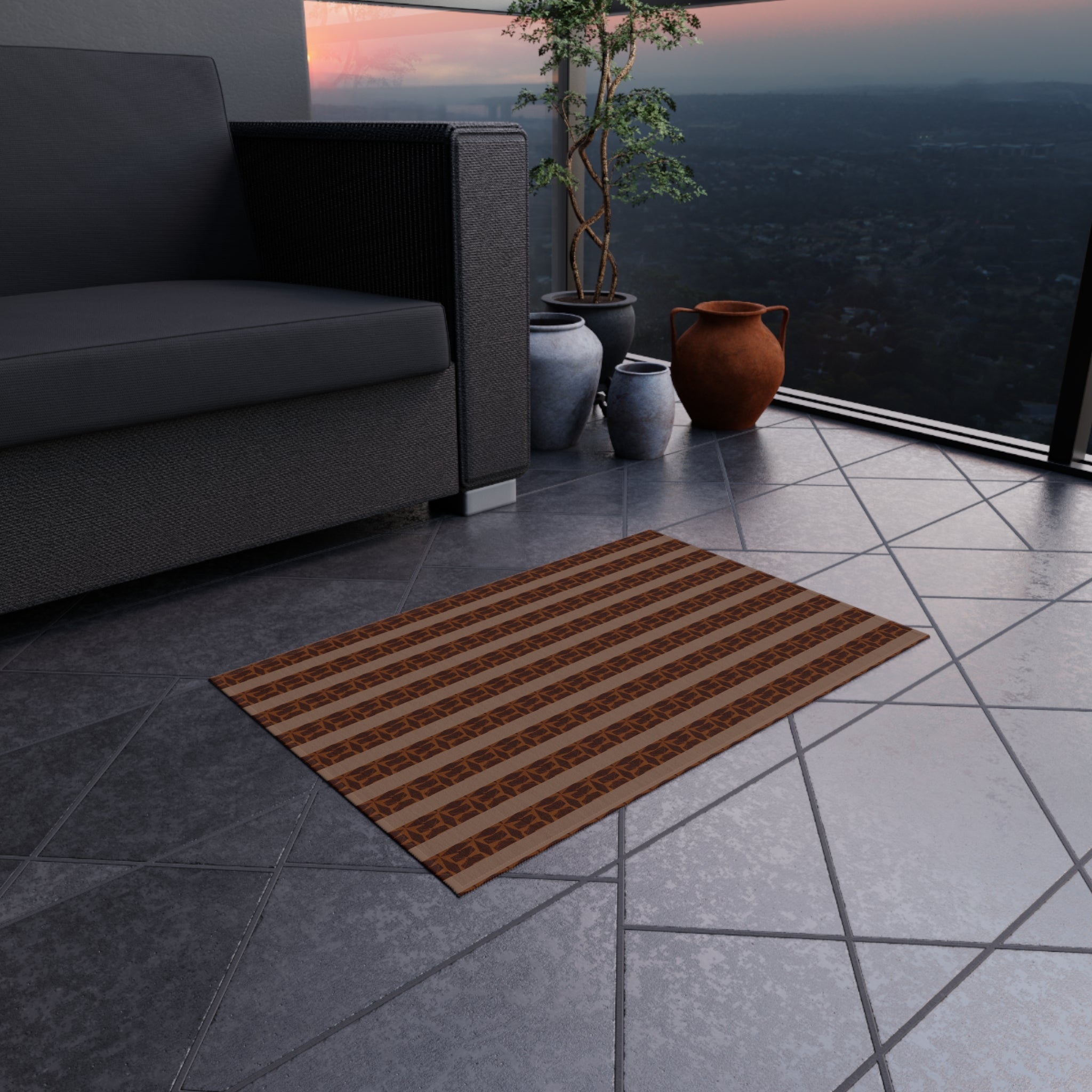 Outdoor Rug — Striped Brown Tile Pattern Patio Mat