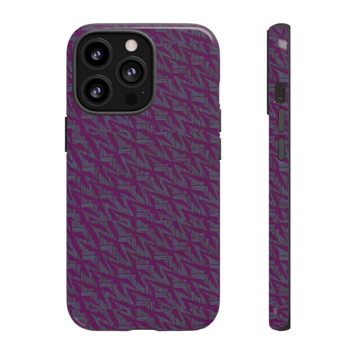 Purple Geometric Tough Phone Case — Protective Slim Phone Cover, side profile showing slim fit and buttons, shockproof iphone 17 pro cover