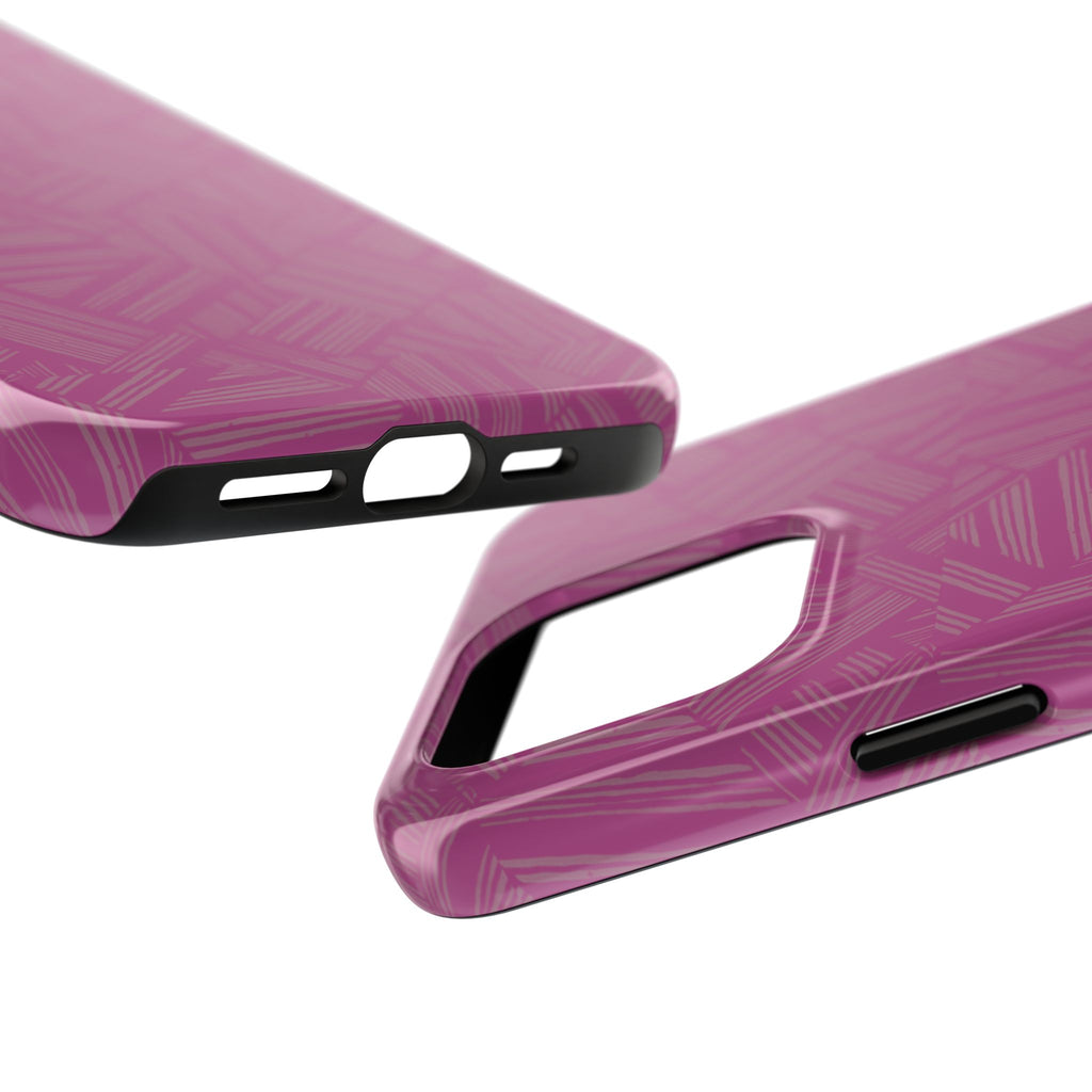 Magenta Geo Pattern Tough Phone Case — Protective Floral-Style Abstract Design, wireless charging iphone 18 pro case with dual-camera cutout and side controls.