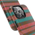 Striped Tribal Tough Phone Case — Retro Teal & Coral Protective Cover close-up showing camera clearance and shock-absorbing edges on a fractyl shockproof iphone 17 pro case