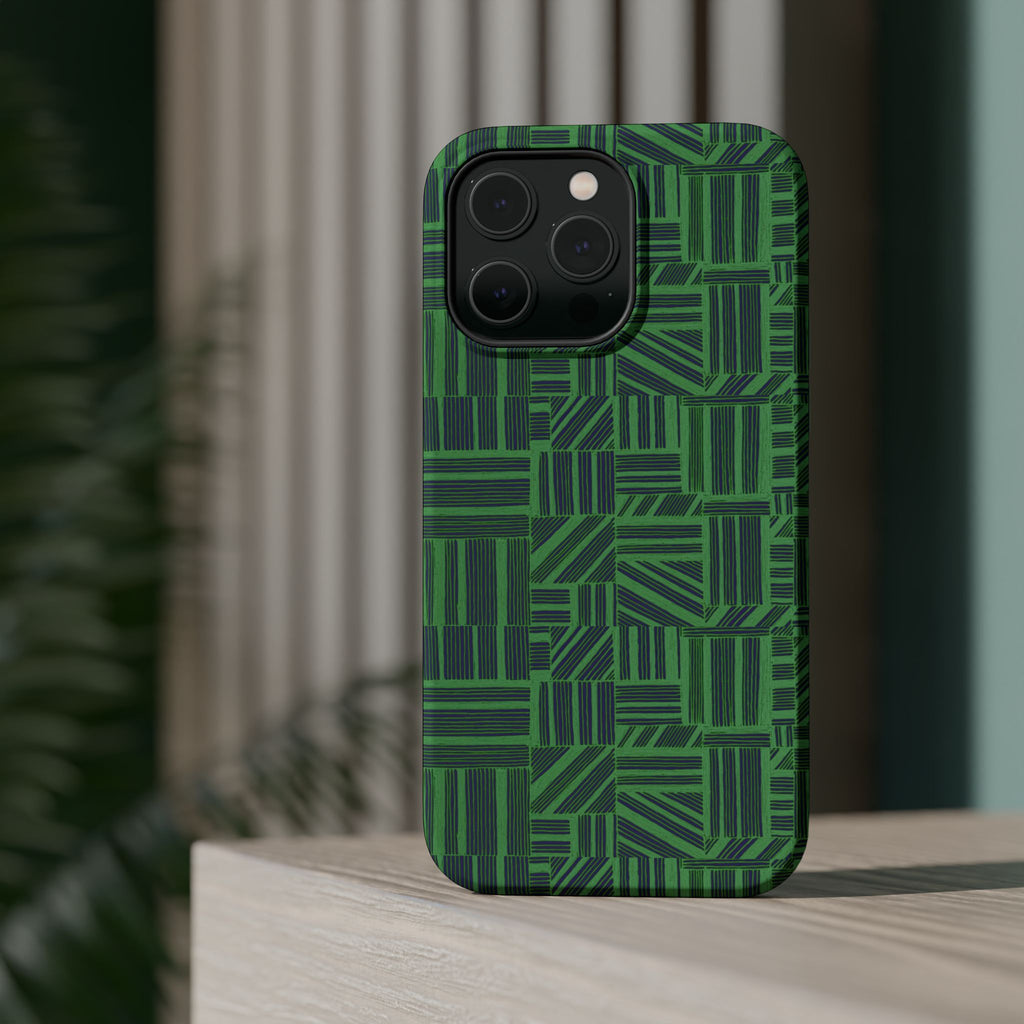 Green Magnetic Phone Case — 2-Layer Geometric MagSafe-Compatible Impact-Resistant Cover, green magnetic phone case- price match with CASETiFY and Casely, geometric green case shown at an angle.