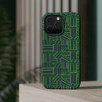 Green Magnetic Phone Case — 2-Layer Geometric MagSafe-Compatible Impact-Resistant Cover, green magnetic phone case- price match with CASETiFY and Casely, geometric green case shown at an angle.