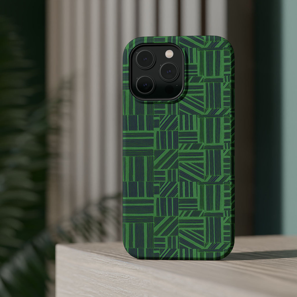 Green Magnetic Phone Case — 2-Layer Geometric MagSafe-Compatible Impact-Resistant Cover, green magnetic phone case- price match with CASETiFY and Casely, geometric green case shown at an angle.