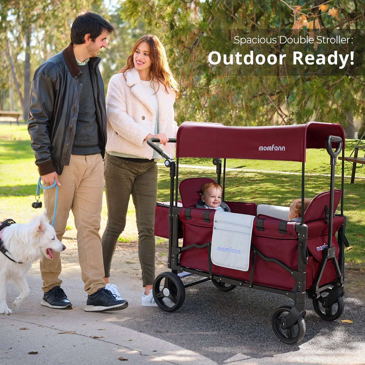 Momfann 2-Seater All-Terrain Stroller Wagon for Kids in red used outdoors with children, momfann 2 seater folding stroller wagon, Momfann, Shopify Collective.
