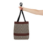 Geometric Retro Stripe Tote Bag – Vintage Brown Patterned AOP Tote held by a shopper with black straps, large everyday cotton tote