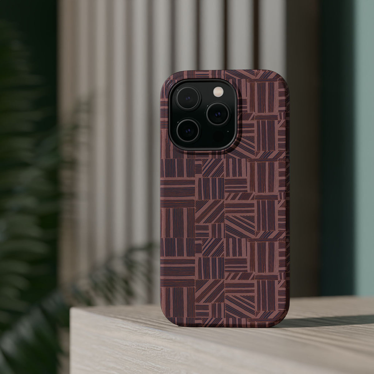 MagSafe Impact Resistant Phone Case - Geometric Brown Pattern, Dual-Layer Protection, standing phone case product shot; impact resistant iphone 17 pro max case