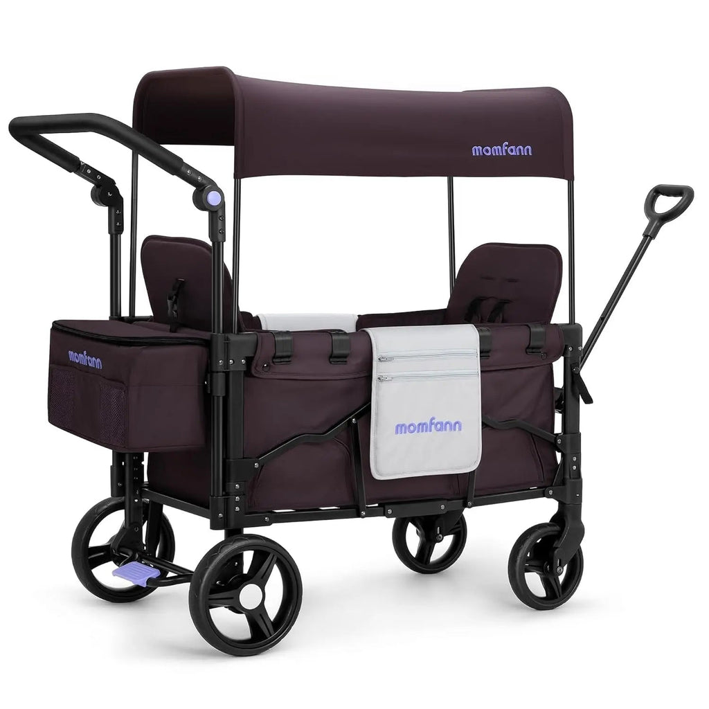 Momfann 2-Seater All-Terrain Stroller Wagon for Kids in plum with canopy, storage pockets, and safety seats, momfann 2 seater folding stroller wagon, Momfann, Shopify Collective.