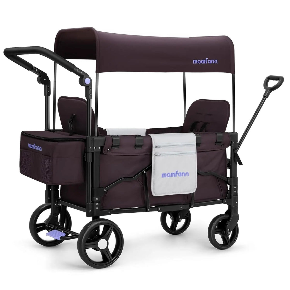Momfann 2-Seater All-Terrain Stroller Wagon for Kids in plum with canopy, storage pockets, and safety seats, momfann 2 seater folding stroller wagon, Momfann, Shopify Collective.