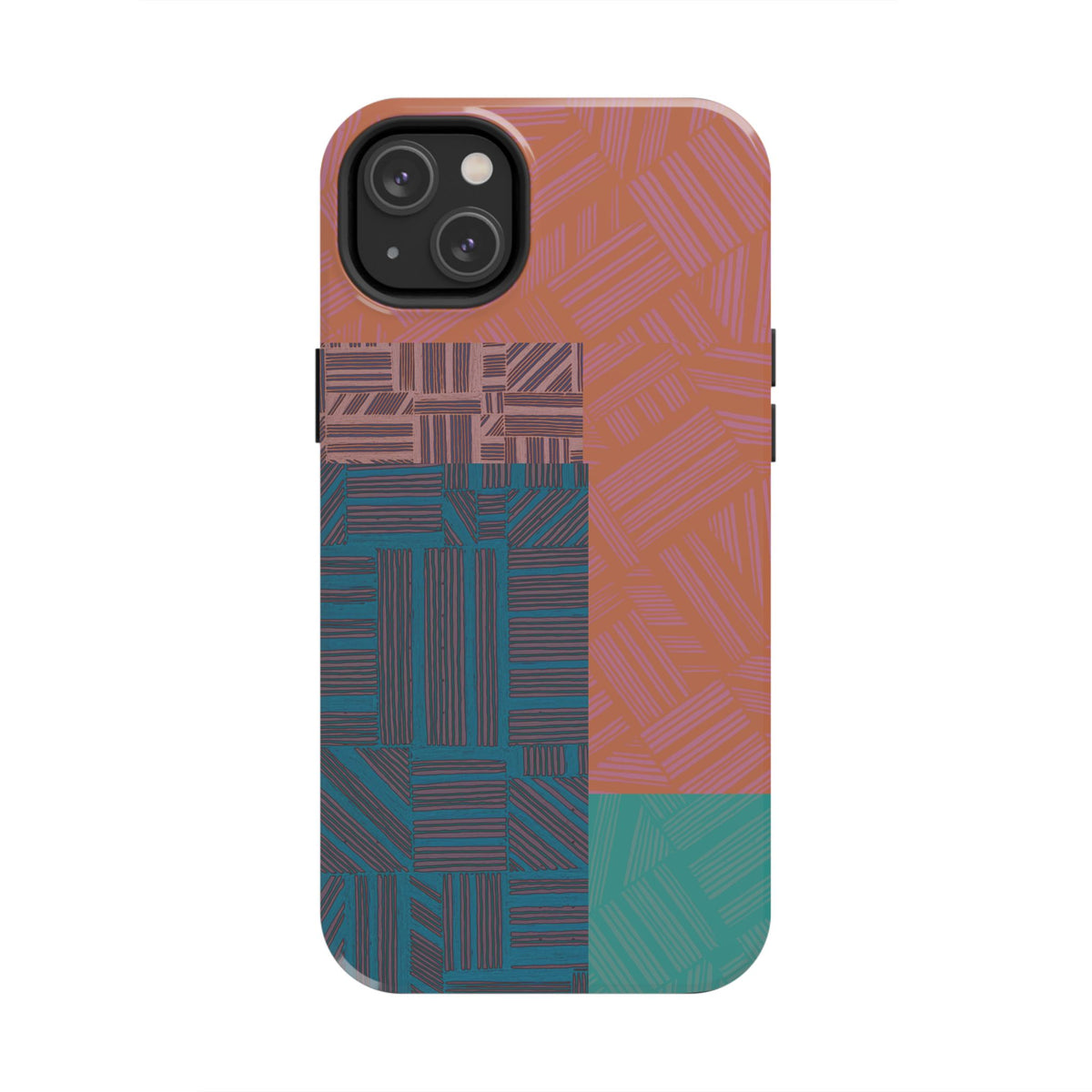Abstract Geometric Tough Phone Case — Retro Block Pattern, retro iphone 18 pro max case displayed from the back with bold terracotta and teal panels.