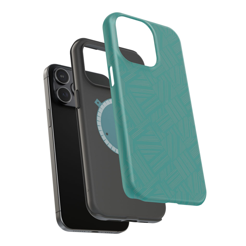 Magnetic Impact-Resistant Phone Case — Teal Geometric Protective Cover, magnetic iphone 18 pro case bottom edge detail on white background