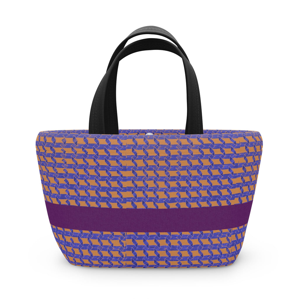Chic insulated lunch bag showcasing a purple and orange woven stripe pattern, designed for everyday use and ideal for kids' lunches, work lunches, and stylish outings. A perfect choice for a small cooler or picnic tote.