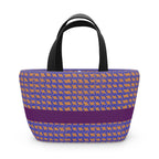Chic insulated lunch bag showcasing a purple and orange woven stripe pattern, designed for everyday use and ideal for kids' lunches, work lunches, and stylish outings. A perfect choice for a small cooler or picnic tote.