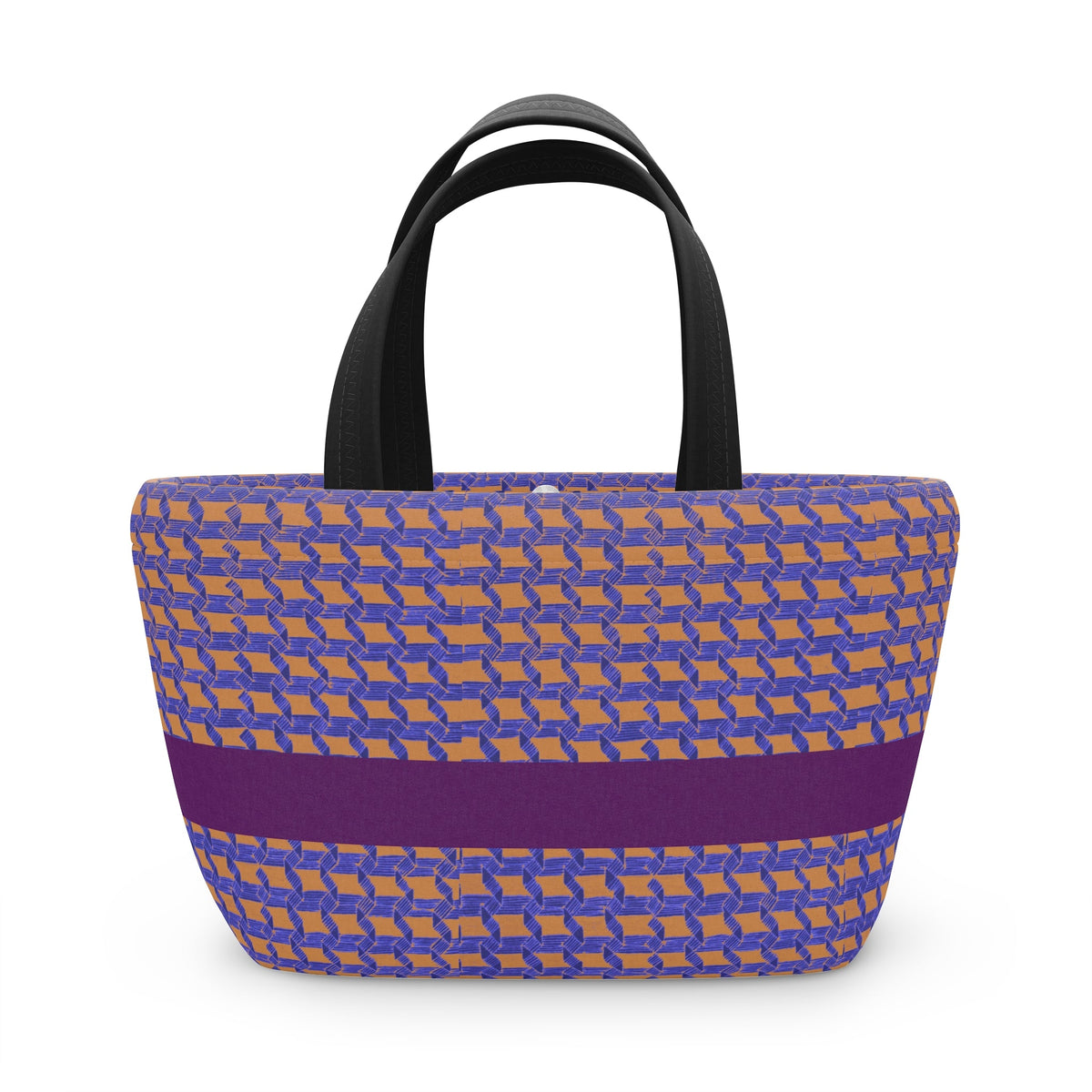 Chic insulated lunch bag showcasing a purple and orange woven stripe pattern, designed for everyday use and ideal for kids' lunches, work lunches, and stylish outings. A perfect choice for a small cooler or picnic tote.