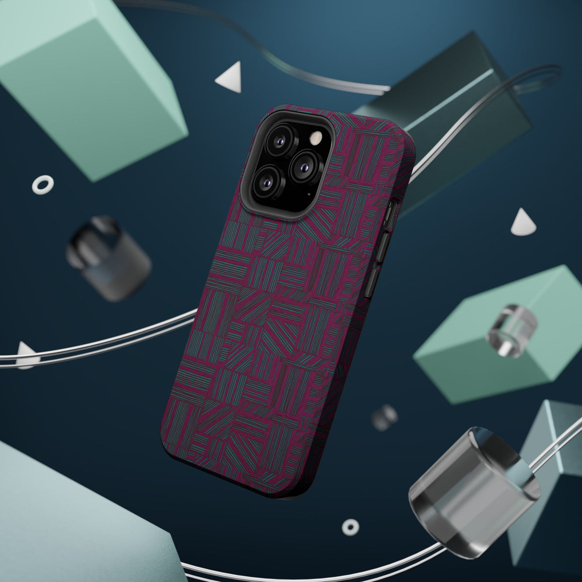 Slim Protective Phone Case With MagSafe, Dual-Layer Impact Protection, Plum Geometric Design, exploded view highlighting durable layered protection and magnetic compatibility; slim protective iphone 16 promax  case.