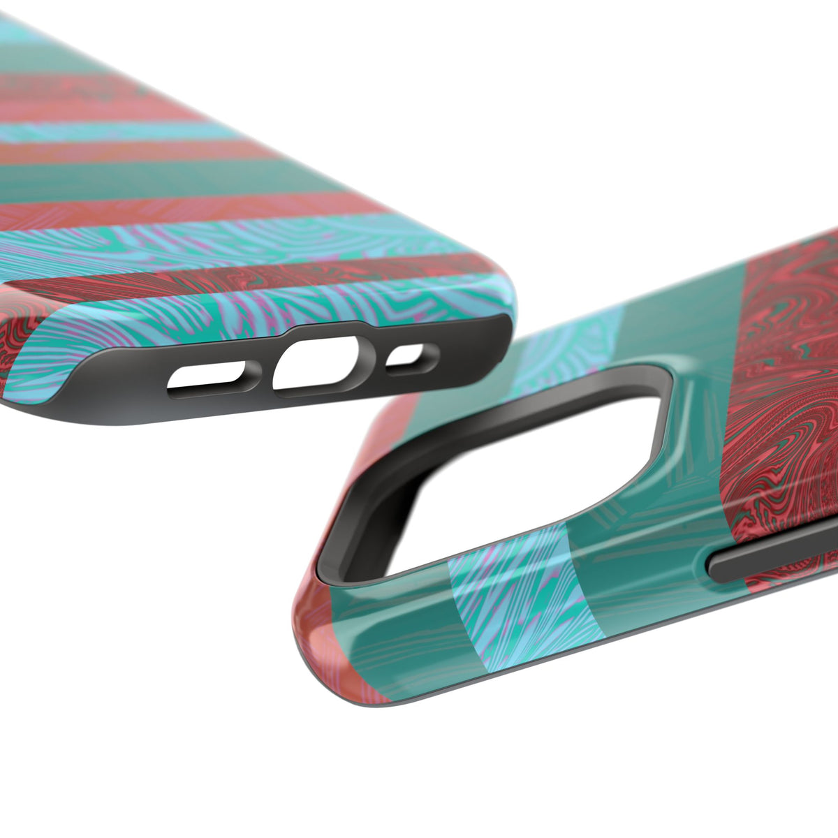 Striped Teal & Coral Magnetic Impact Phone Case displayed with protective inner layers, Fractyl magsafe compatible iphone 18 pro max case