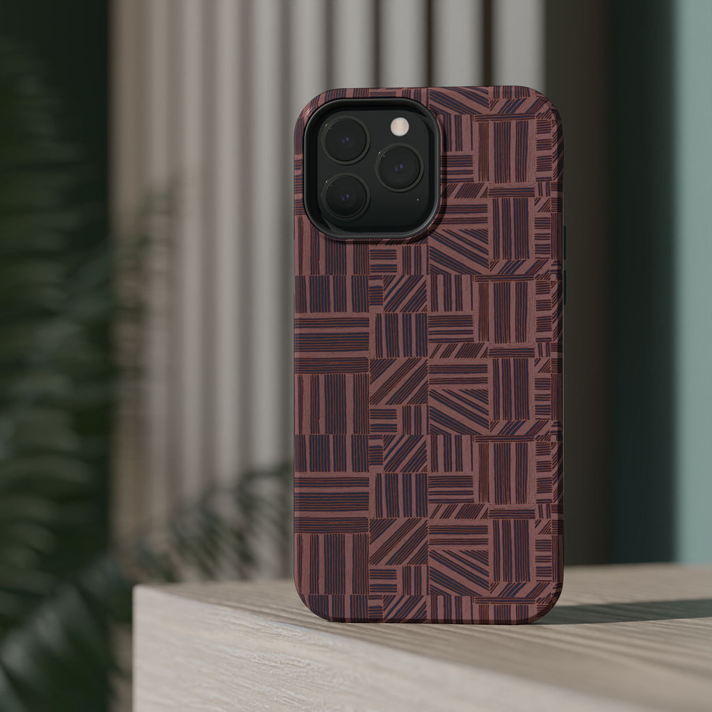 MagSafe Impact Resistant Phone Case - Geometric Brown Pattern, Dual-Layer Protection, layered case with phone; impact resistant iphone 17 pro max case