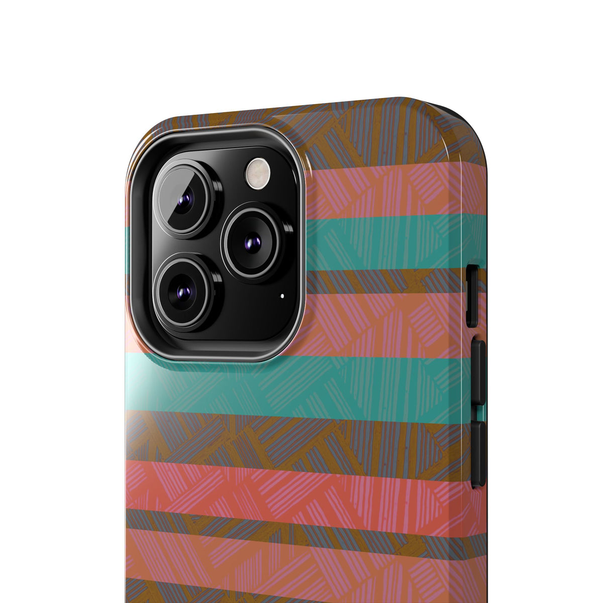 Striped Tribal Tough Phone Case — Retro Teal & Coral Protective Cover displayed in a straight rear view as a fractyl shockproof iphone 17 pro case