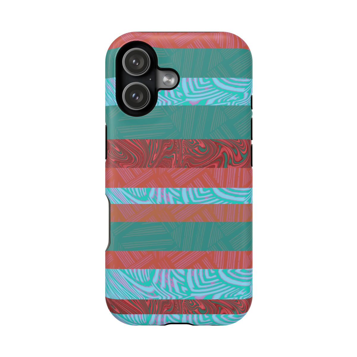 Striped Teal & Coral Magnetic Impact Phone Case triple-camera cutout, Fractyl magsafe compatible iphone 18 pro max case