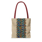 Boho Geometric Everyday Patterned Canvas Tote Bag With Reinforced Handles, 3 Sizes, reverse view with a beige body, blue and tan geometric pattern, and red handles. Patterned canvas tote featuring art tote, beige bag, bohemian bag, boho tote, canvas tote, eco shopping, everyday tote, gift for her, market bag, neutral tote, printed tote, summer tote, and tribal tote style.