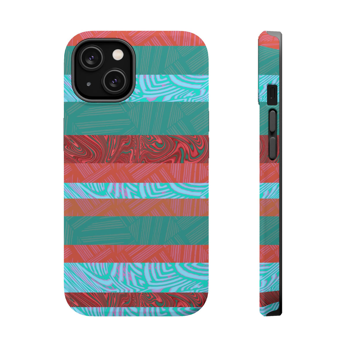 Striped Teal & Coral Magnetic Impact Phone Case protective front and side profile, Fractyl magsafe compatible iphone 18 pro max case