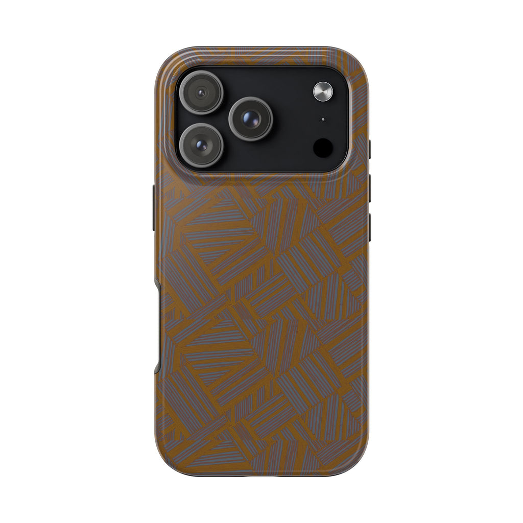 Tough Phone Case — Geometric Maze Brown Protective Cover, wireless charging iphone 18 pro max case shown in a close rear view with geometric line art.