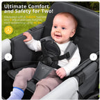 Momfann 2-Seater All-Terrain Stroller Wagon for Kids showing a baby secured with a five-point harness, momfann 2 seater folding stroller wagon, Momfann, Shopify Collective.
