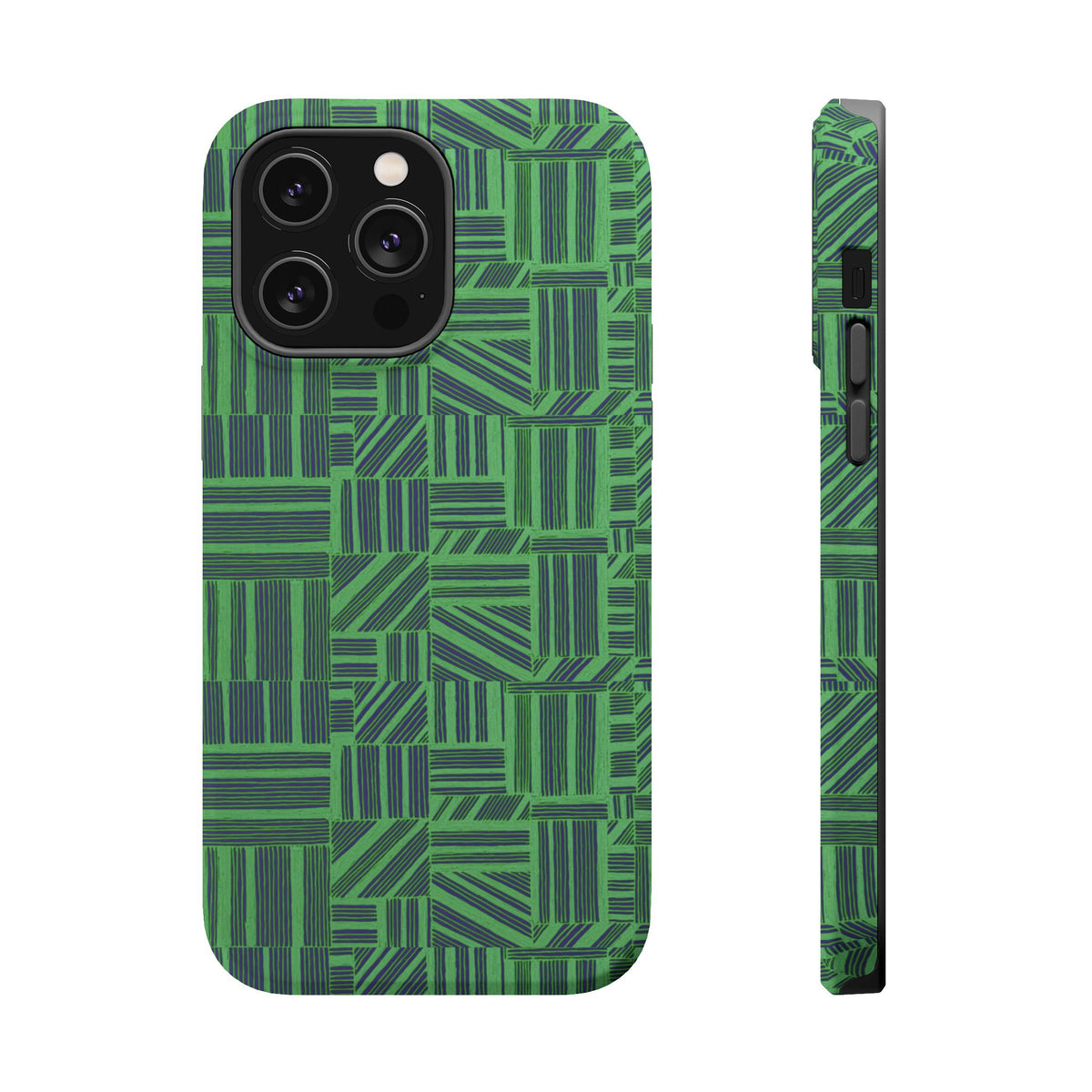 Green Magnetic Phone Case — 2-Layer Geometric MagSafe-Compatible Impact-Resistant Cover, green magnetic phone case- price match with CASETiFY and Casely, green geometric case with raised edges.