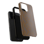 Tough Phone Case — Geometric Maze Brown Protective Cover, wireless charging iphone 18 pro max case displayed with its protective shell separated from a black smartphone.