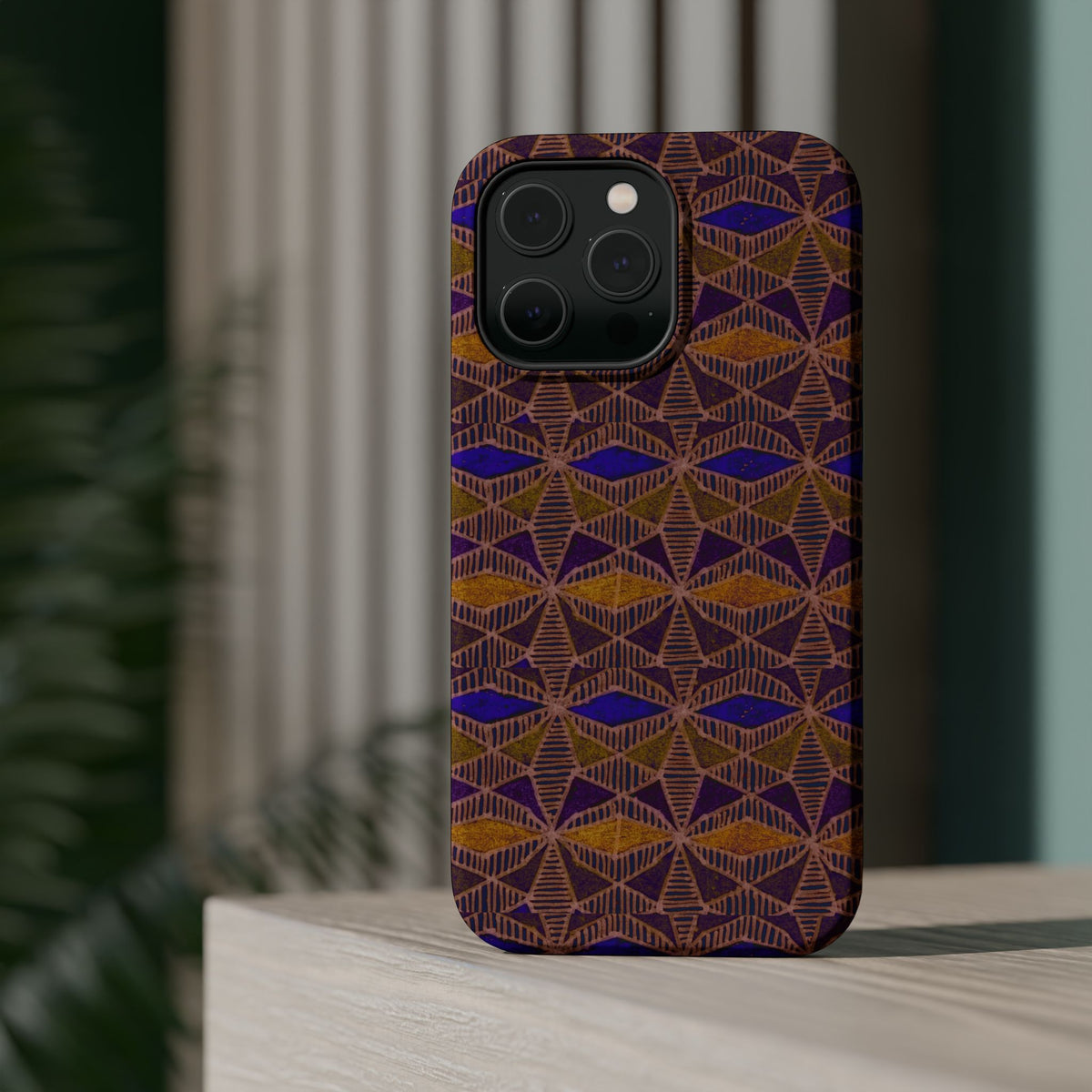 Phone Case — Geometric Tribal Pattern Magnetic Impact-Resistant Case, Fractyl impact resistant iphone 16 pro case shown from the back with accessible side controls.