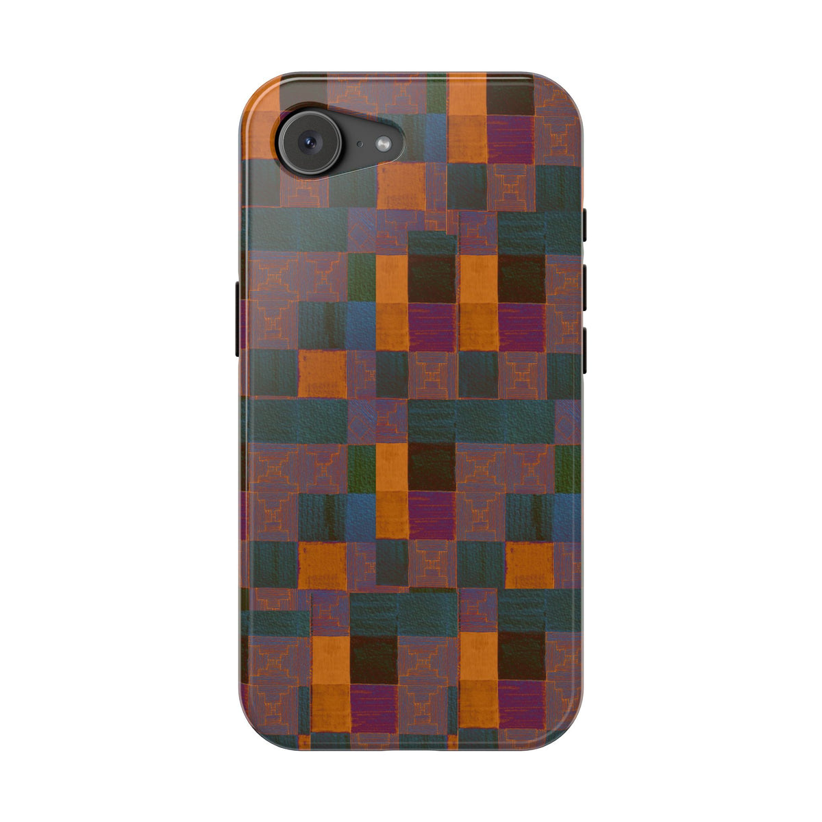 Impact-Resistant Phone Case — Retro Checkerboard Pattern, Fractyl wireless charging iphone 18 pro case shown in a front view with camera and button clearance.
