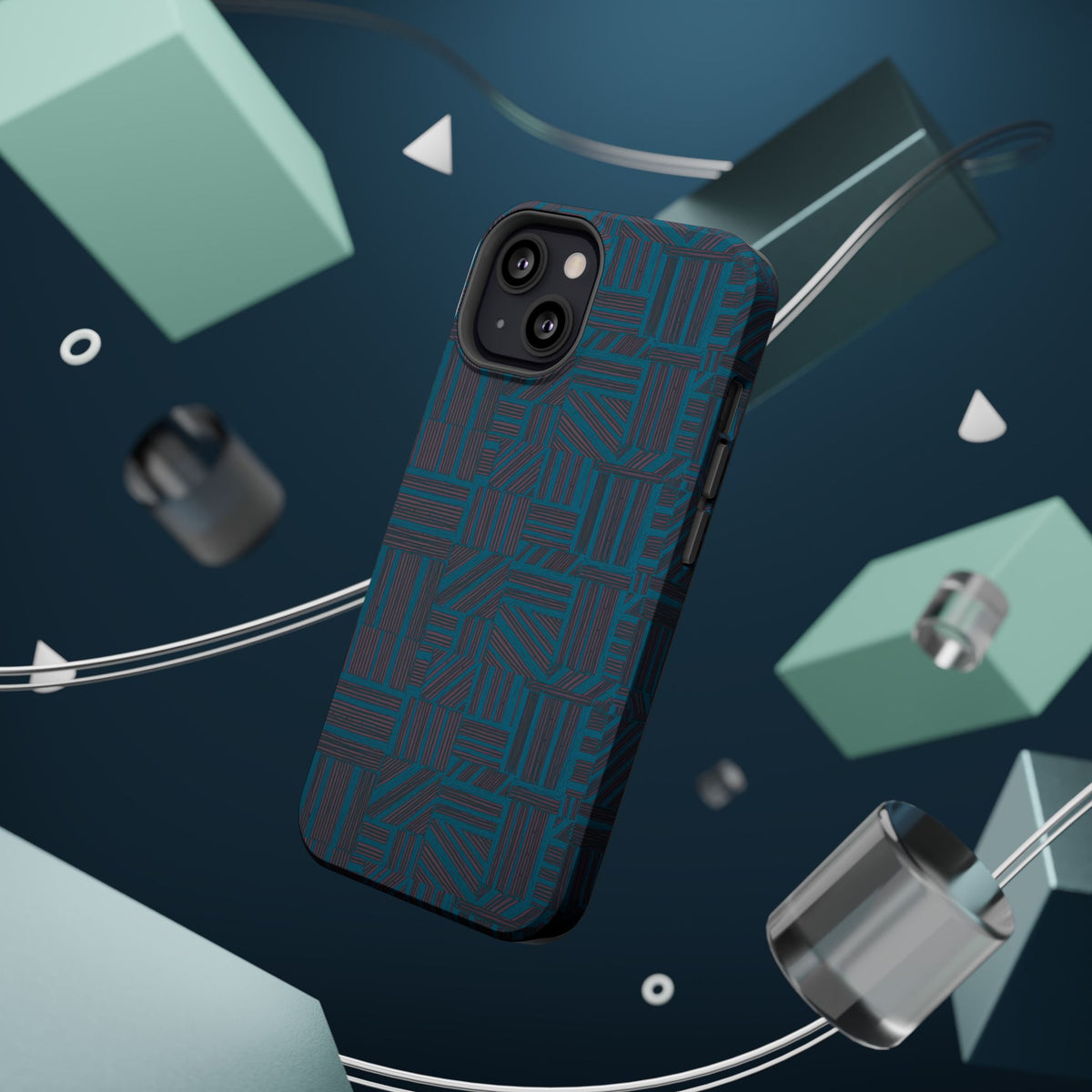 Impact Resistant Phone Case-20% OFF Entire Order, And Free Shipping, Teal Geometric MagSafe protective case in a floating product composition; impact resistant iphone 17 case-20% OFF Entire Order, and Free Shipping.
