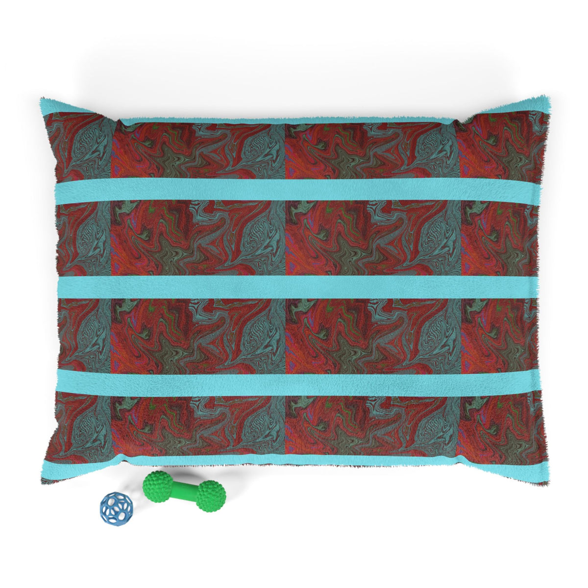 Marbled Red & Teal Striped Pet Bed — Plush Dog/Cat Pillow featuring a vivid design with cozy coral fleece and a removable cover pet bed that invites pets to curl up comfortably.