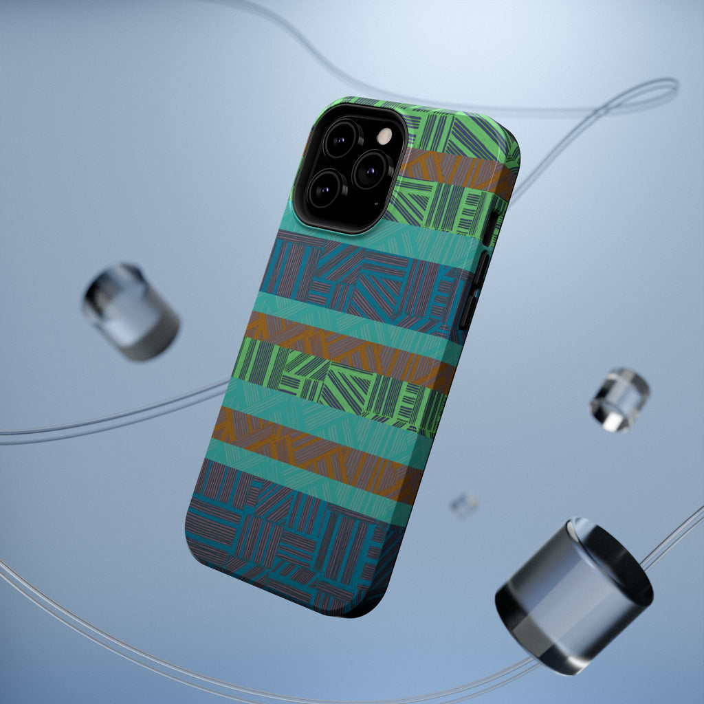 Green Geometric Stripe Phone Case — Impact-Resistant, wireless charging iphone 16 pro max case shown at an angled view in an abstract studio setting.