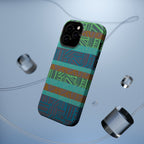 Green Geometric Stripe Phone Case — Impact-Resistant, wireless charging iphone 16 pro max case shown at an angled view in an abstract studio setting.