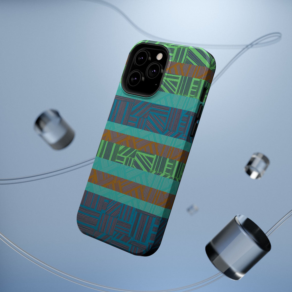 Green Geometric Stripe Phone Case — Impact-Resistant, wireless charging iphone 16 pro max case shown at an angled view in an abstract studio setting.