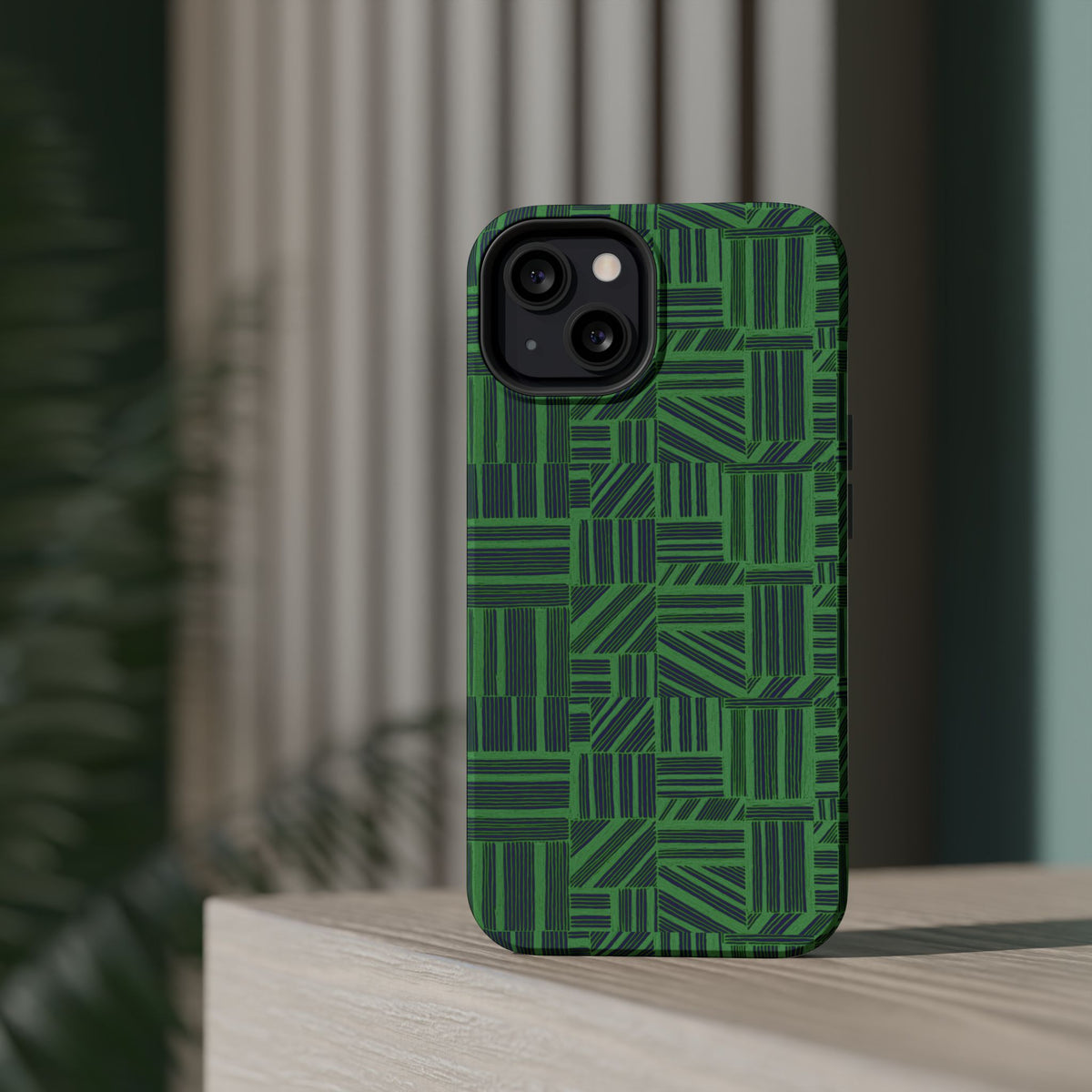 Green Magnetic Phone Case — 2-Layer Geometric MagSafe-Compatible Impact-Resistant Cover, green magnetic phone case- price match with CASETiFY and Casely, side and bottom case openings for convenient access.