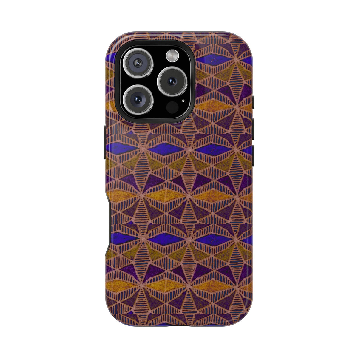 Phone Case — Geometric Tribal Pattern Magnetic Impact-Resistant Case, Fractyl impact resistant iphone 16 pro case shown from the back with a vivid repeating motif.