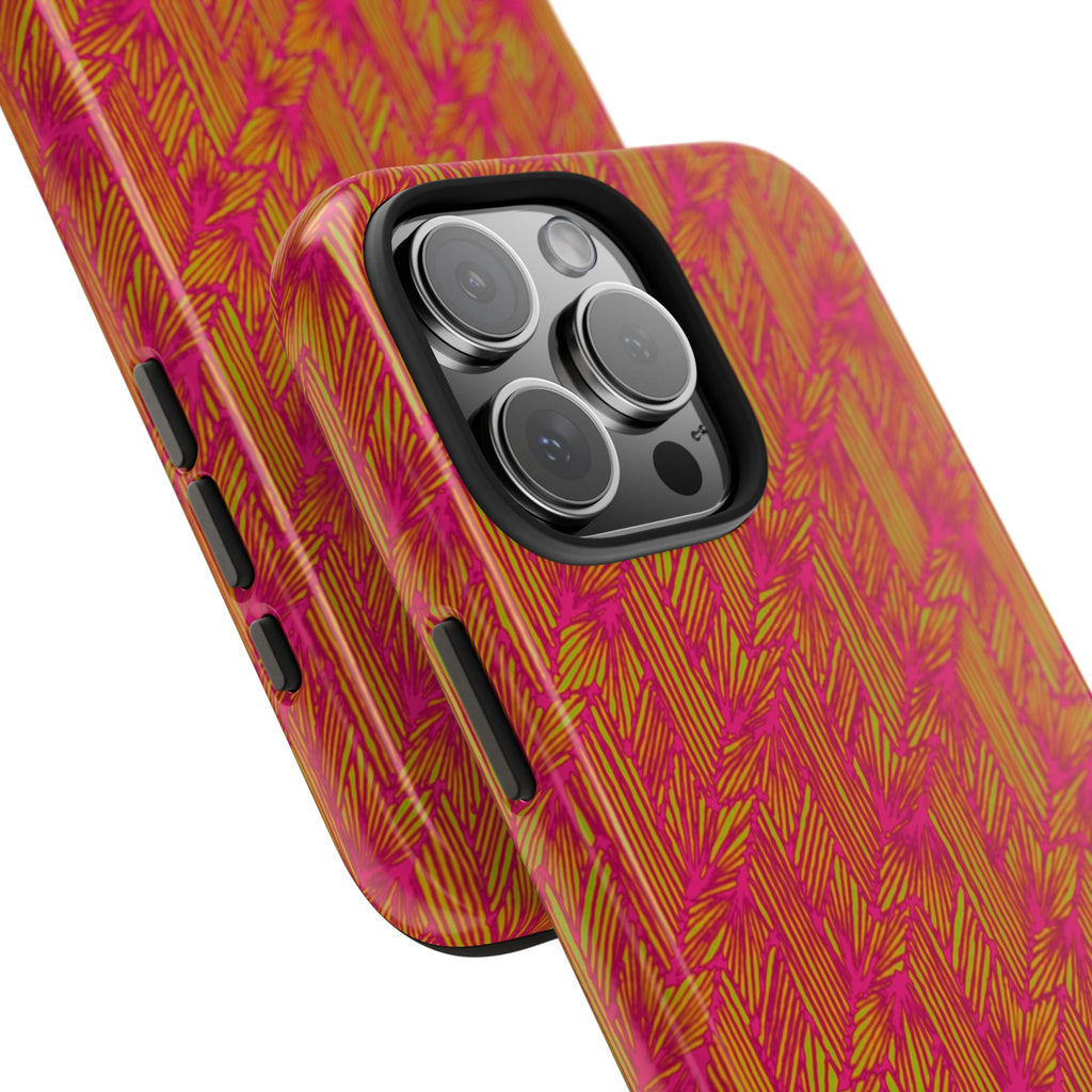 Tough Phone Case — Vibrant Tropical Herringbone Pattern, impact resistant iphone 17 case showing reinforced side controls