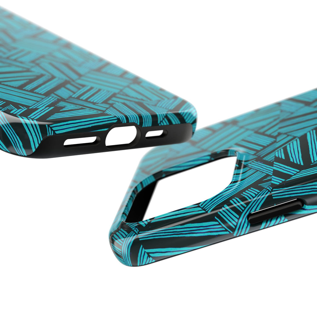 Teal Geometric Tough Phone Case — Durable Protective Phone Case with Modern Stripe Pattern, camera protection detail on a teal shockproof iphone 18 pro max case
