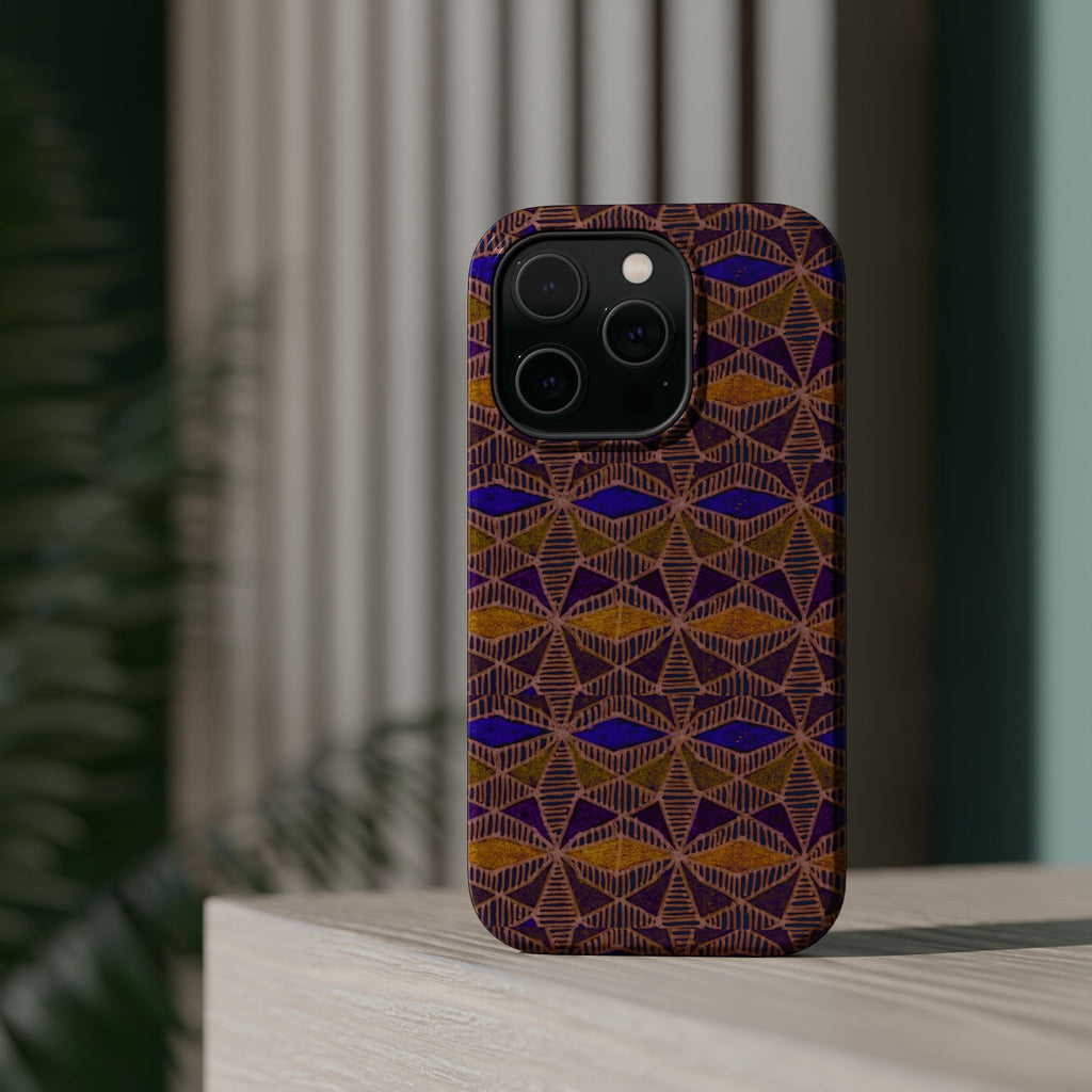 Phone Case — Geometric Tribal Pattern Magnetic Impact-Resistant Case, Fractyl impact resistant iphone 16 pro case with warm geometric tribal artwork and impact-ready construction.