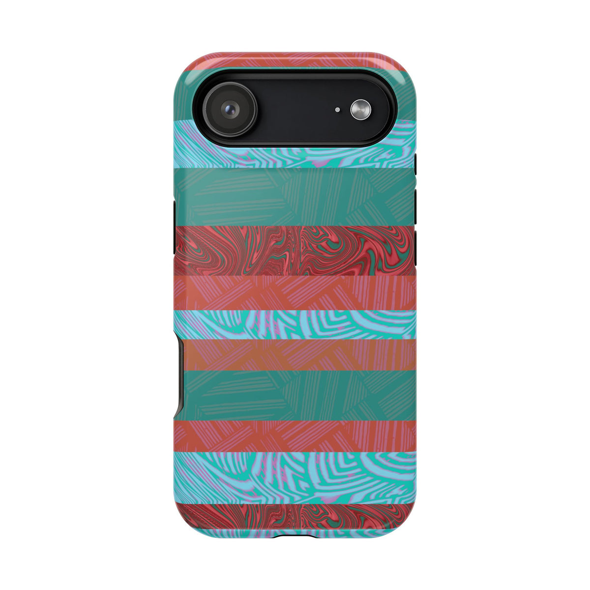 Striped Teal & Coral Magnetic Impact Phone Case with raised edges and textured bands, Fractyl magsafe compatible iphone 18 pro max case
