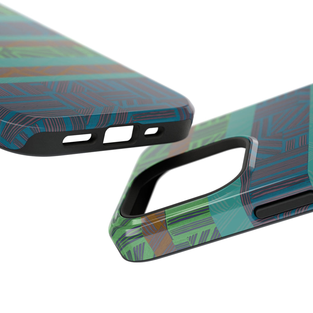 Green Geometric Stripe Phone Case — Impact-Resistant, wireless charging iphone 16 pro max case with detailed teal geometric bands around the corners.