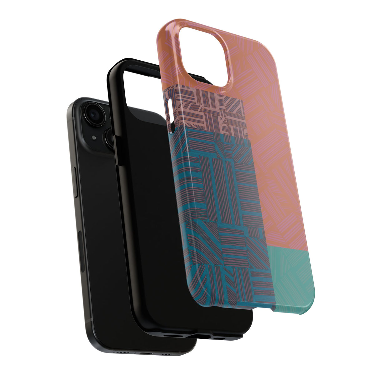 Abstract Geometric Tough Phone Case — Retro Block Pattern, retro iphone 18 pro max case shown in an angled close-up with glossy UV-stable artwork.