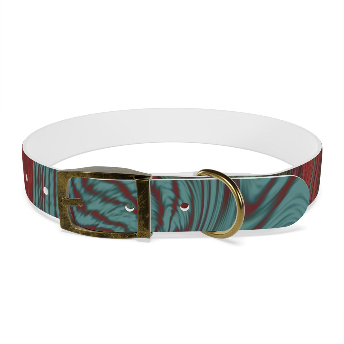 Vintage brass buckle showcased on the Marbled Swirl Dog Collar — Red & Teal Abstract Pet Collar, highlighting its hypoallergenic dog collar performance.