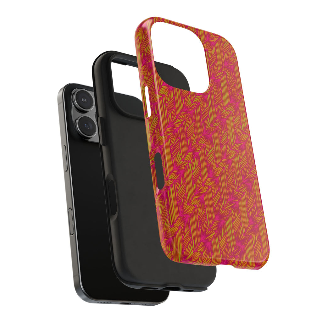 Tough Phone Case — Vibrant Tropical Herringbone Pattern, impact resistant iphone 17 case close-up with triple-lens camera opening