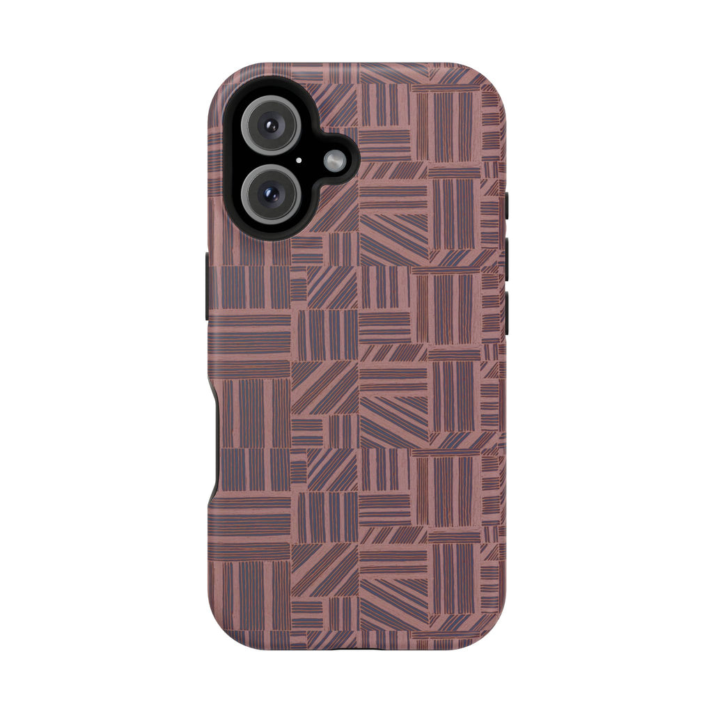 MagSafe Impact Resistant Phone Case - Geometric Brown Pattern, Dual-Layer Protection, camera opening and raised rim; impact resistant iphone 17 pro max case