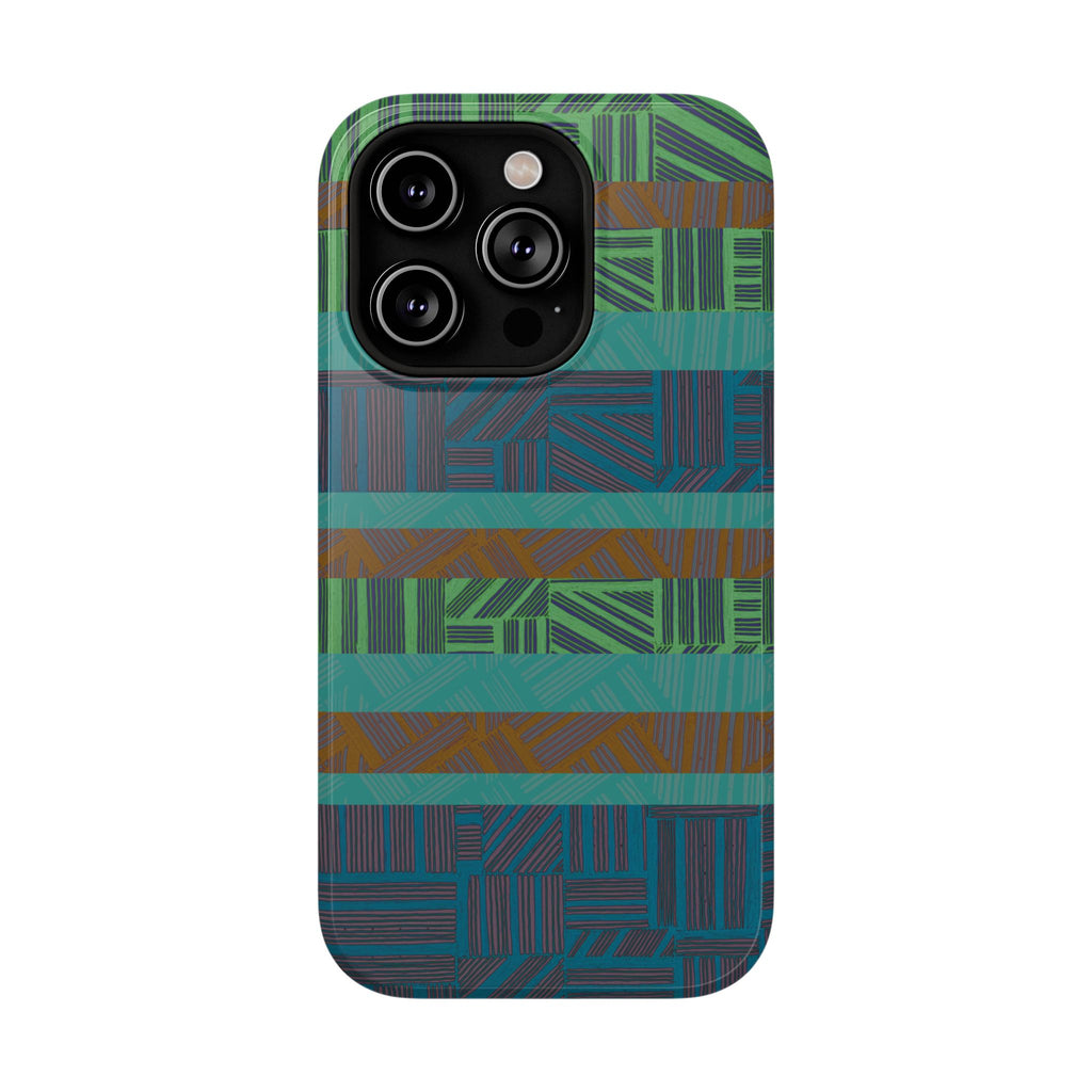 Green Geometric Stripe Phone Case — Impact-Resistant, wireless charging iphone 16 pro max case shown on a large triple-camera phone.