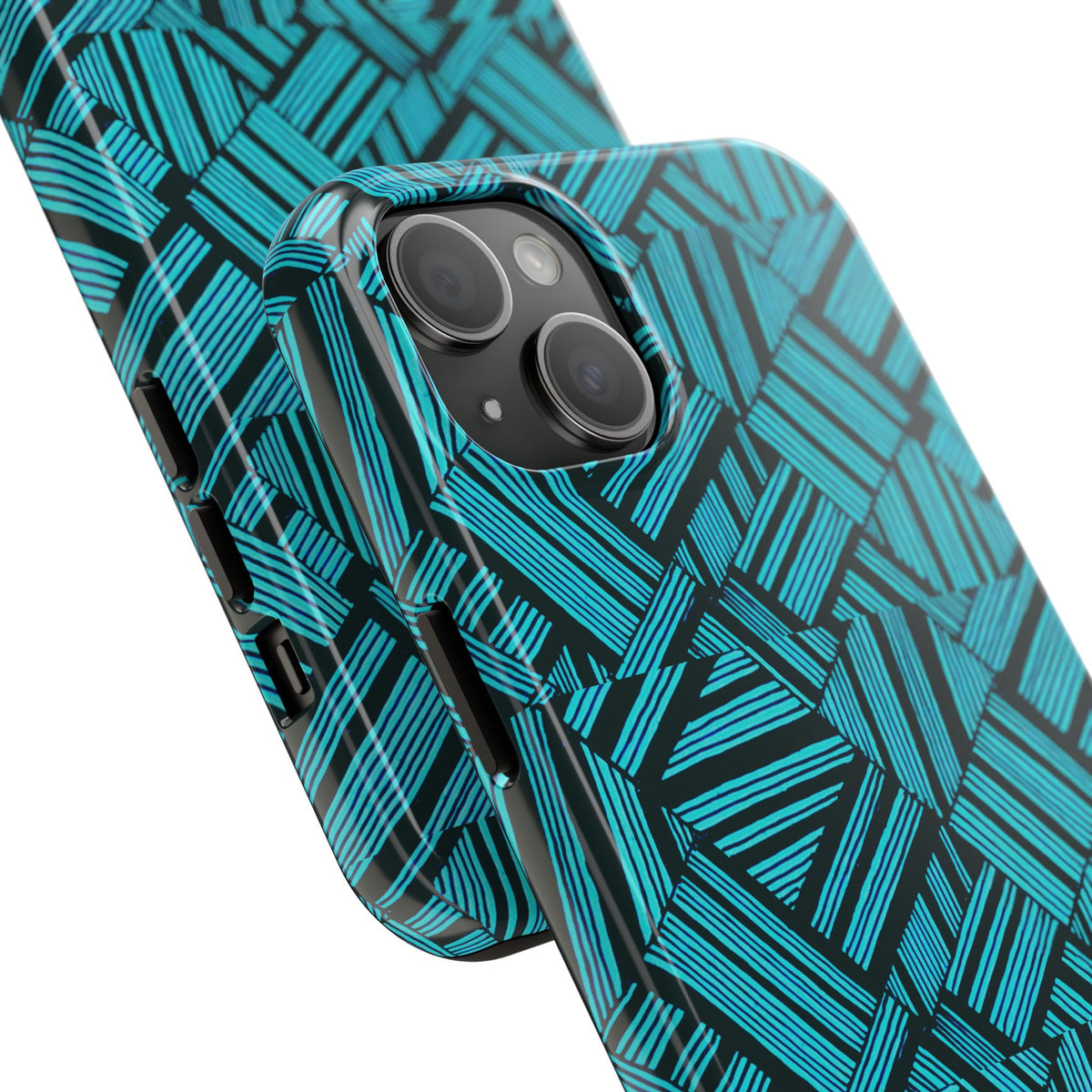 Teal Geometric Tough Phone Case — Durable Protective Phone Case with Modern Stripe Pattern, open camera and button cutouts on a shockproof iphone 18 pro max case
